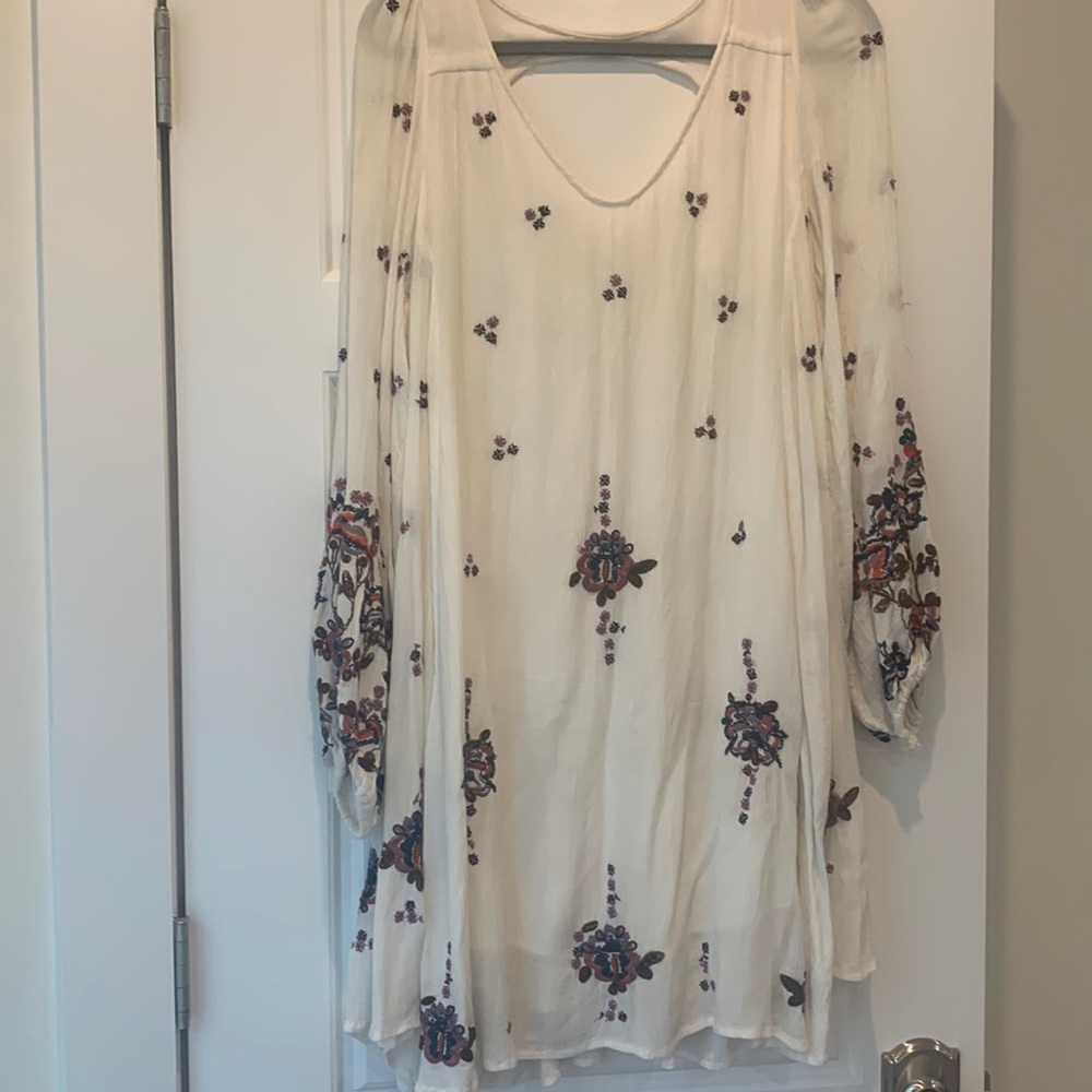 Free People Womens Ivory Oxford Embroidered Mini Gauze Dress Sz S. Boho Vintage